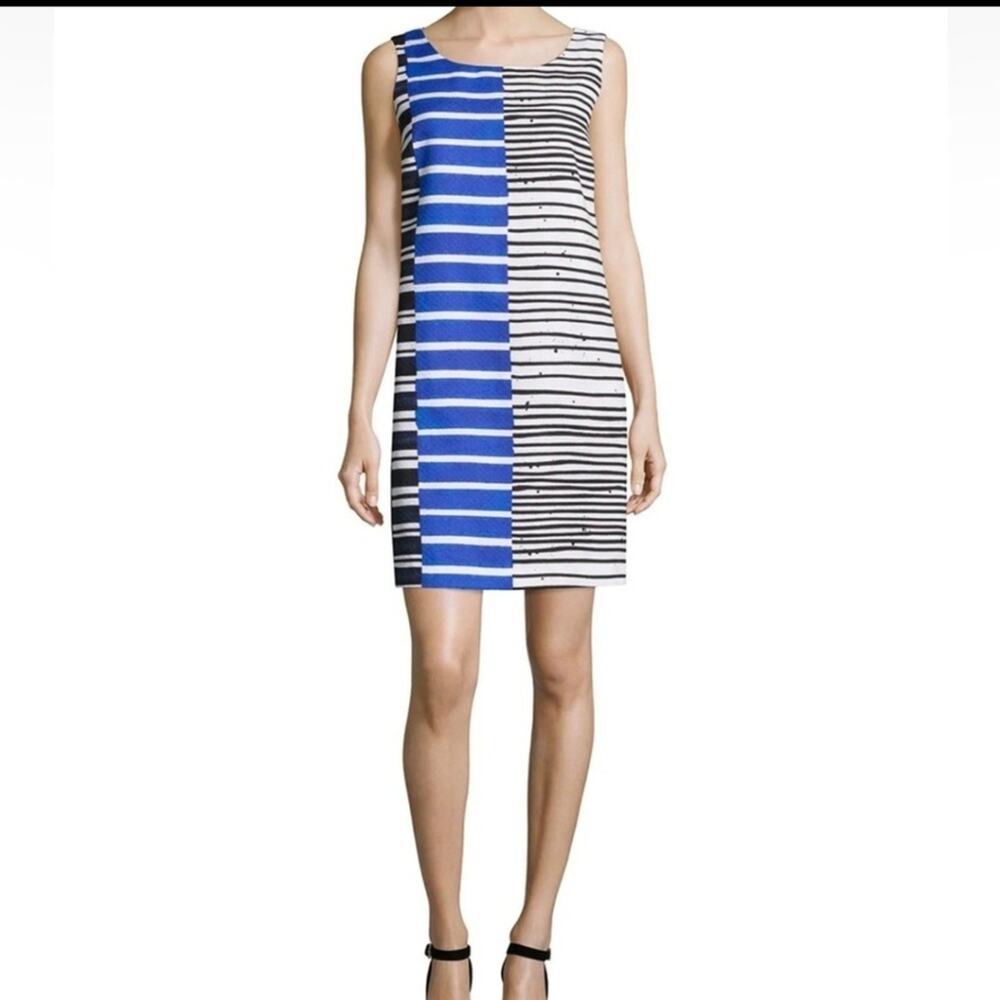 Women's Lafayette 148 New York Drita Blue Ink Multi Striped Shift Dress 8